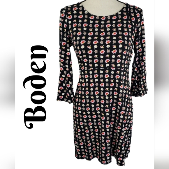 Boden Dress Sz 8 Black With Flowers Stretchy-Soft Fit-Flare Slight Bell Sleeves - Picture 1 of 12